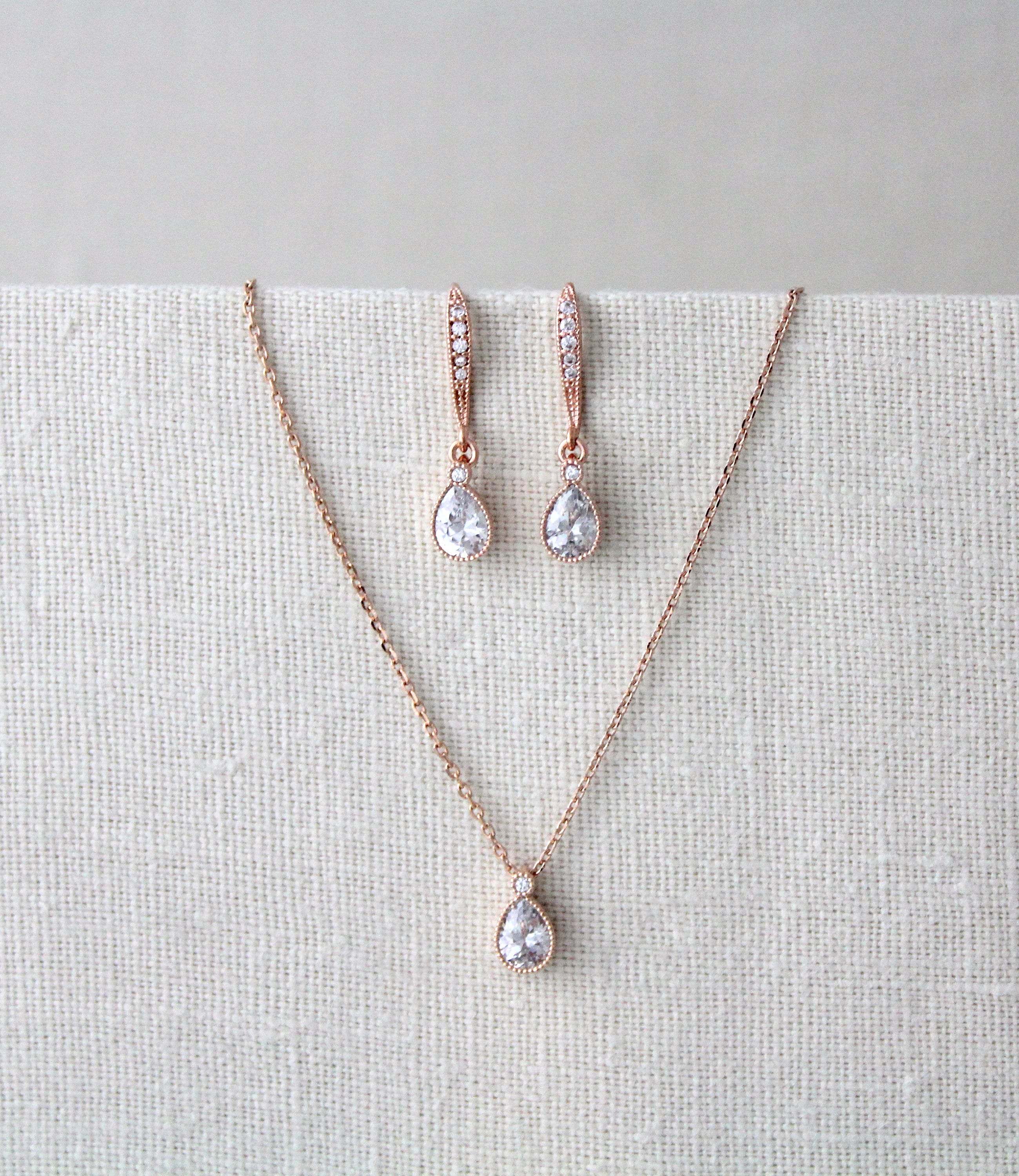 Dainty Rose gold necklace and earring set Delicate Bridal | Etsy