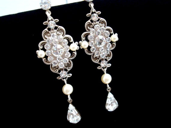Crystal Bridal earrings Pearl wedding Earrings Chandelier | Etsy