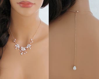 Rose gold Back necklace Bridal necklace Backdrop necklace Bridal jewelry Dainty necklace Wedding jewelry Crystal necklace Bridesmaid jewelry