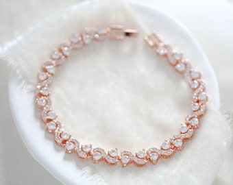 Rose gold Bridal bracelet, Rose gold tennis bracelet, Bridal jewelry, Bridesmaid bracelet, Rose gold Wedding jewelry, Bracelet for bride