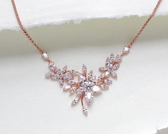 Rose gold Bridal necklace, Bridal jewelry, Floral CZ Wedding necklace, Rose gold Wedding jewelry, Bridesmaid necklace, Leaf necklace LILY