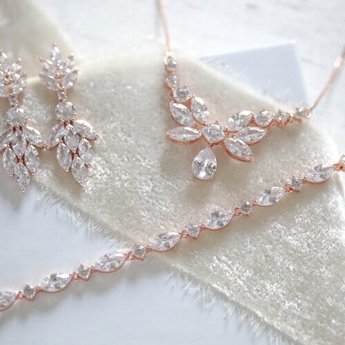 Dainty Rose Gold Necklace and Earring Set Bridal Jewelry Etsy
