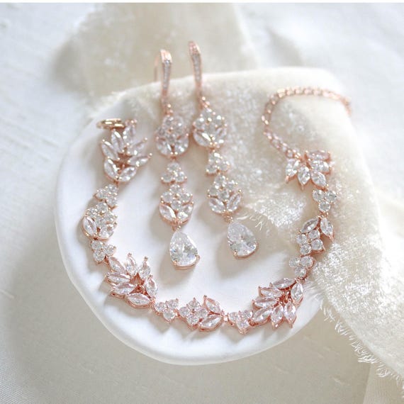 rose gold dress jewellery bracelet, Rose gold earrings, Bridal earrings, Rose gold Wedding bracelet, Bridal jewelry set, Bridesmaid jewelry, CZ earrings Ballerina