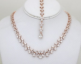 Rose Gold Backdrop necklace Back drop bridal necklace Crystal Wedding necklace Bridal jewelry Rose gold necklace Statement necklace