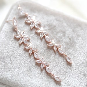 Long Rose gold Bridal earrings, Bridal jewelry, Crystal Wedding earrings, CZ earrings, Delicate earrings, Rose gold Wedding jewelry image 2