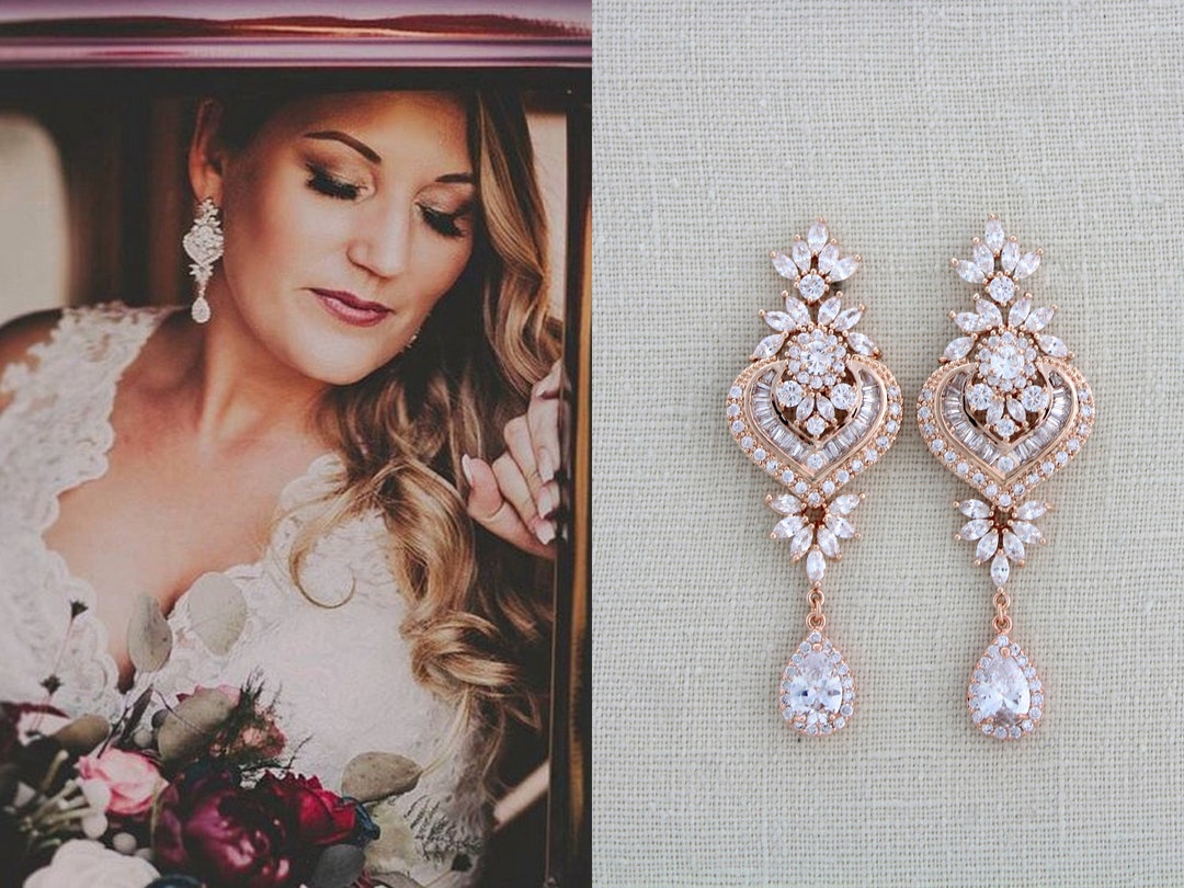Rose Gold Bridal Earrings Bridal Jewelry Rose Gold Chandelier - Etsy