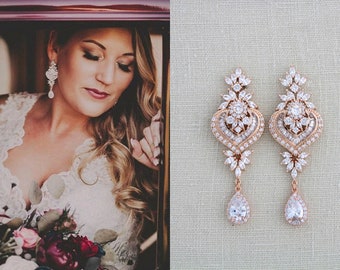 Rose Gold Bridal earrings Bridal jewelry Rose Gold Chandelier earrings Rose Gold Crystal earrings Wedding earrings Pearl drop earrings EMMA