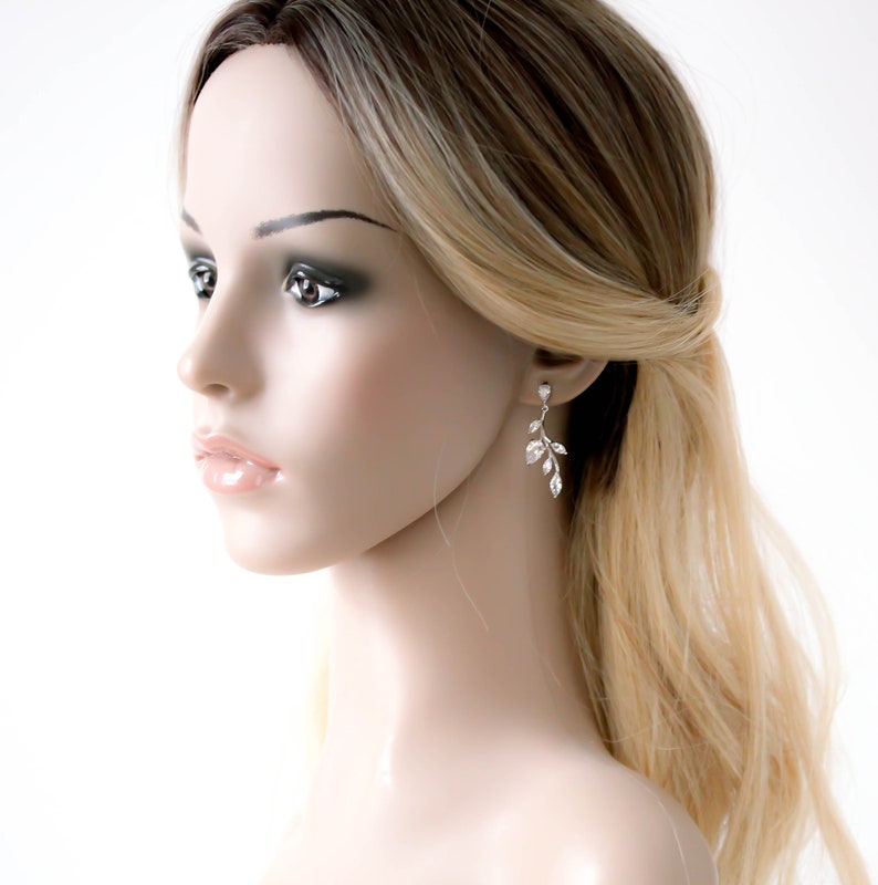 Silver vine wedding earrings on model