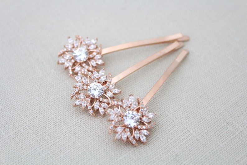 Rose gold hair pin, Bridal hair pins, Rose Gold Wedding hair pins, Bridal hair clips, Crystal hair pins, Hair accessories, Rose Gold clips image 2