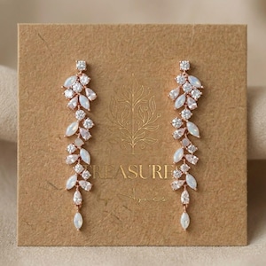 Rose gold Bridal earrings, White Opal Crystal and Cubic Zirconia Drop Earrings, Bridal jewelry, Long dangle earrings, Wedding day earrings
