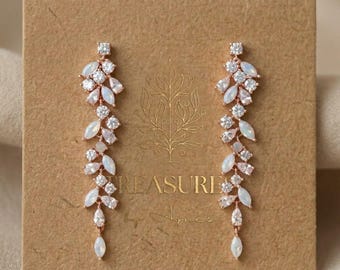Brautohrringe aus Roségold, Ohrhänger mit weißem Opal und Zirkonia, Brautschmuck, lange Hängeohrringe, Ohrringe für den Hochzeitstag