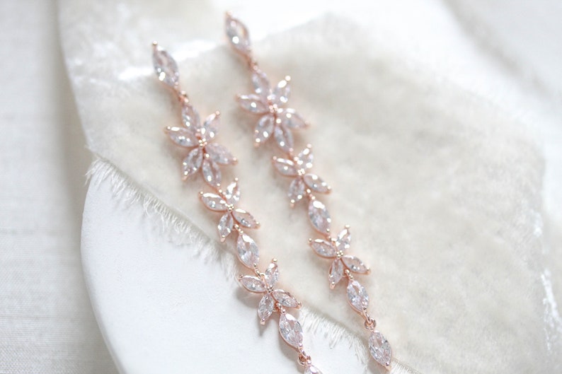 Long Rose gold Bridal earrings, Bridal jewelry, Crystal Wedding earrings, CZ earrings, Delicate earrings, Rose gold Wedding jewelry rose gold