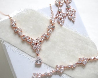 Set di gioielli da sposa in oro rosa, orecchini da sposa in oro rosa, set di collane da sposa, set di gioielli da sposa per la sposa, collana e orecchini da sposa
