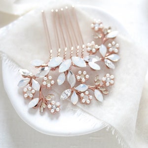 Rose gold hair comb, Crystal Bridal hair comb, Floral Wedding hair comb, White opal hair comb, Rose gold hair piece, Floral hair piece