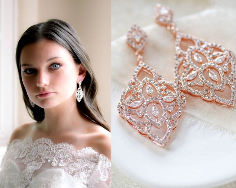 Rose Gold Bridal Earrings Bridal Jewelry Statement Wedding Etsy Canada