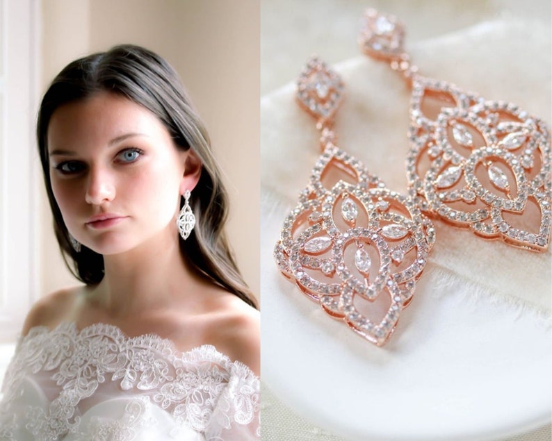 Rose Gold Bridal earrings Bridal jewelry Statement Wedding