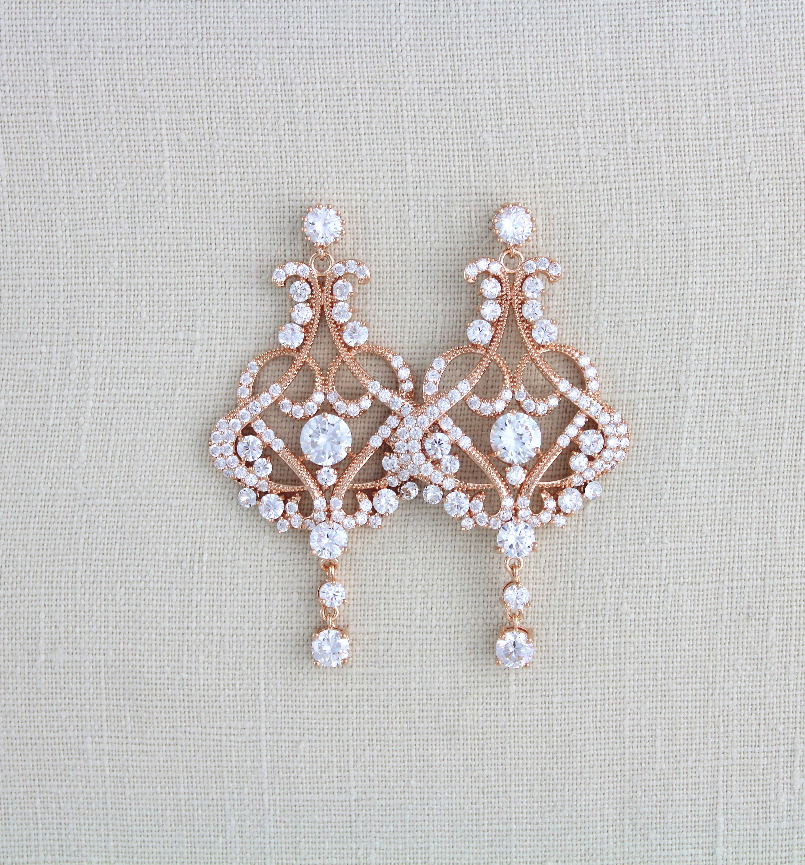 Rose gold chandelier earrings Large Bridal earrings Statement Etsy