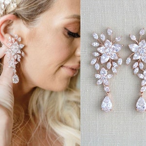 Rose gold Bridal earrings, Bridal jewelry, Modern Vintage Wedding earrings, Leaf earrings, Floral CZ earrings Statement earrings, LILY