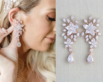 Rose gold Bridal earrings, Bridal jewelry, Modern Vintage Wedding earrings, Leaf earrings, Floral CZ earrings Statement earrings, LILY