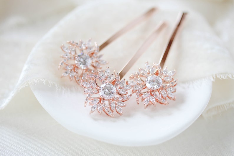 Rose gold hair pin, Bridal hair pins, Rose Gold Wedding hair pins, Bridal hair clips, Crystal hair pins, Hair accessories, Rose Gold clips image 9