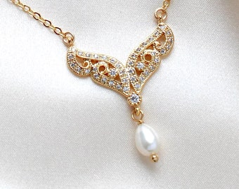 Gold Pearl Drop Bridal Necklace, Bridal Jewelry for Wedding, Gold