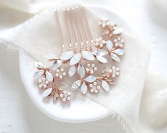 Rose gold hair comb, Crystal Bridal hair comb, Floral Wedding hair comb, White opal hair comb, Rose gold hair piece, Floral hair piece