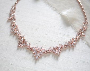 Roségoldene Brauthalskette, Brautschmuck, CZ-Hochzeitshalskette, Roségoldener Hochzeitsschmuck, Brautjungfernhalskette, Chokerhalskette im Vintage-Stil