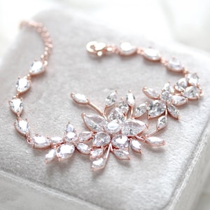 Rose Gold Braut Armband Brautschmuck Kristall Hochzeit Armband CZ CZ Armband Kristall Armband Statement Blatt Armband, LILY