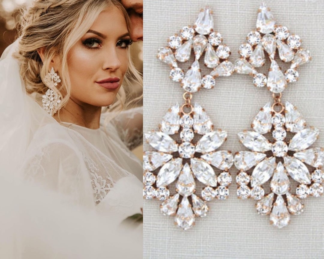 Rose Gold Bridal Earrings, Bridal Jewelry, Crystal Wedding Earrings