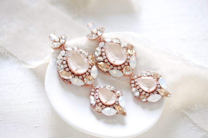 Rose gold wedding earrings with ivory cream, white opal, golden shadow and clear Swarovski Crystals