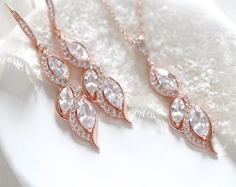 Orecchini e collana da sposa in oro rosa, set di gioielli da sposa per matrimonio, orecchini pendenti in cristallo per la sposa