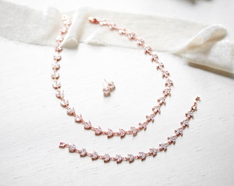 Rose gold Bridal necklace, Rose gold jewelry set, Wedding day jewelry, Marquis stone necklace and earrings, Bridal jewelry for Wedding