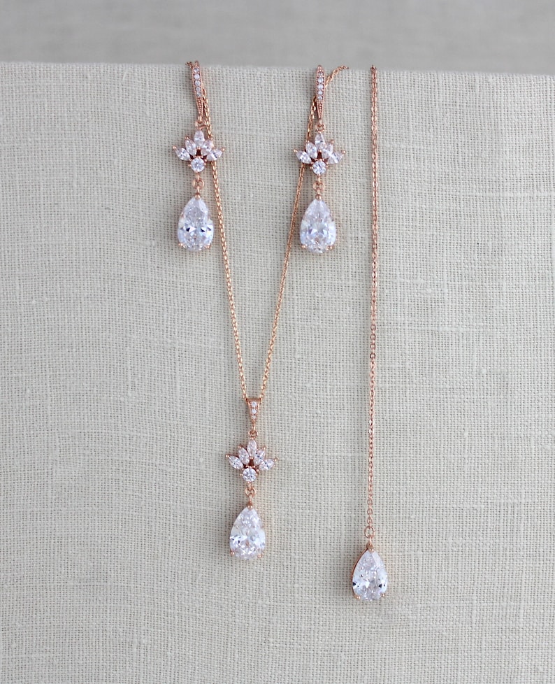 Rose gold back necklace Bridal backdrop necklace Bridal jewelry Bridesmaid necklace Crystal Back drop necklace Wedding necklace EMMA image 3