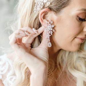 Rose gold Bridal earrings, Bridal jewelry, Modern Vintage Wedding earrings, Leaf earrings, Floral CZ earrings Statement earrings, LILY