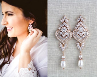 Rose gold earrings Wedding jewelry Bridal earrings Bridesmaid earrings Chandelier earrings Crystal earrings Rose gold Art Deco EMMA