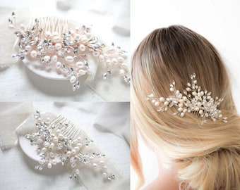 Peigne à cheveux en or rose, Peigne à cheveux de mariage en perles, Morceau de cheveux en or rose, Accessoire de cheveux en cristal, Bandeau de mariage, Peigne à cheveux pour la mariée