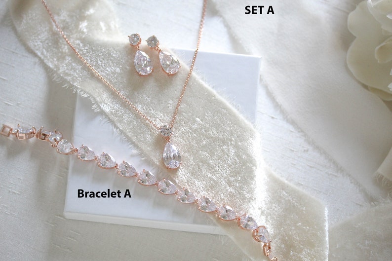 Simple Bridal Jewelry, Rose Gold Jewelry Set, Rose Gold Tennis Bracelet ...