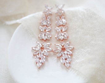 Rose gold Bridal earrings, Bridal jewelry, CZ drop Wedding earrings, Statement earrings, Cubic zirconia earrings, Rose gold Wedding jewelry