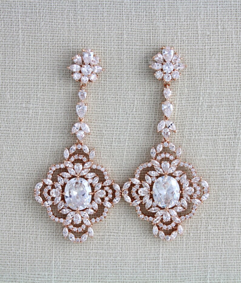 Long Rose Gold earrings Crystal Bridal earrings Bridal Etsy