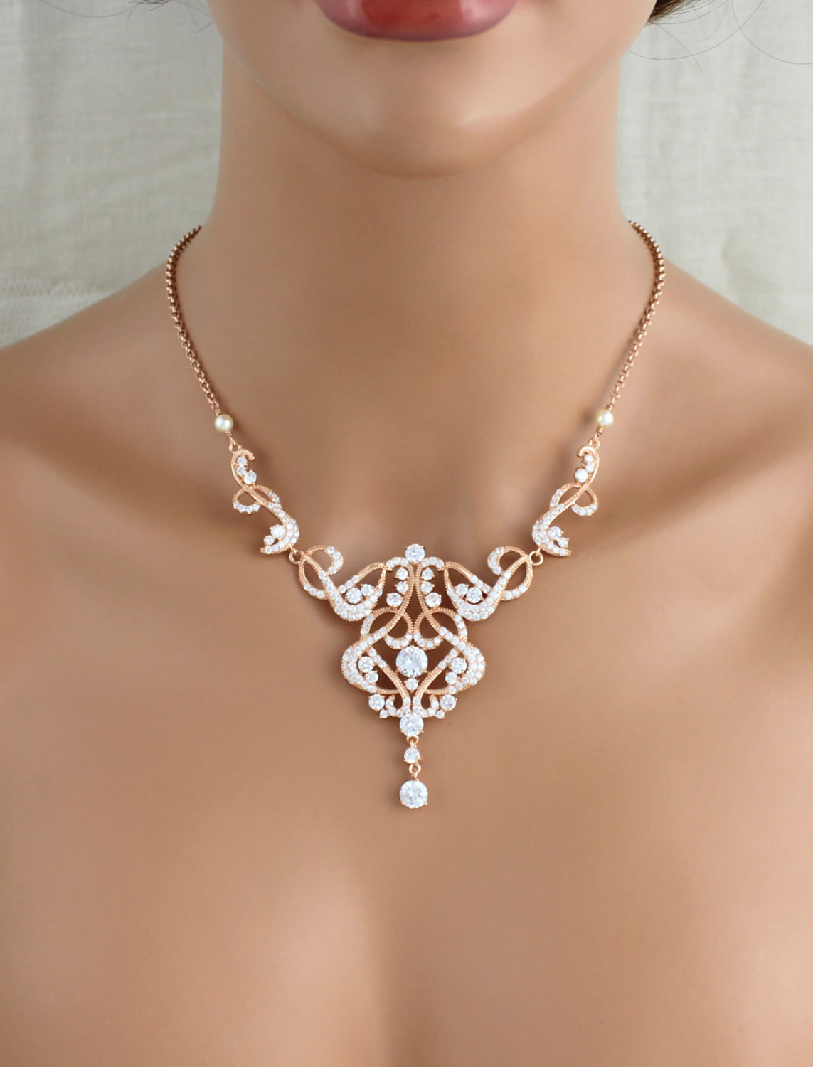Rose Gold Bridal necklace Rose Gold Statement necklace Crystal Etsy