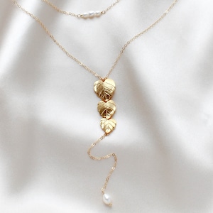 gold filled back necklace with cascading leaf pendant and freshwater pearls