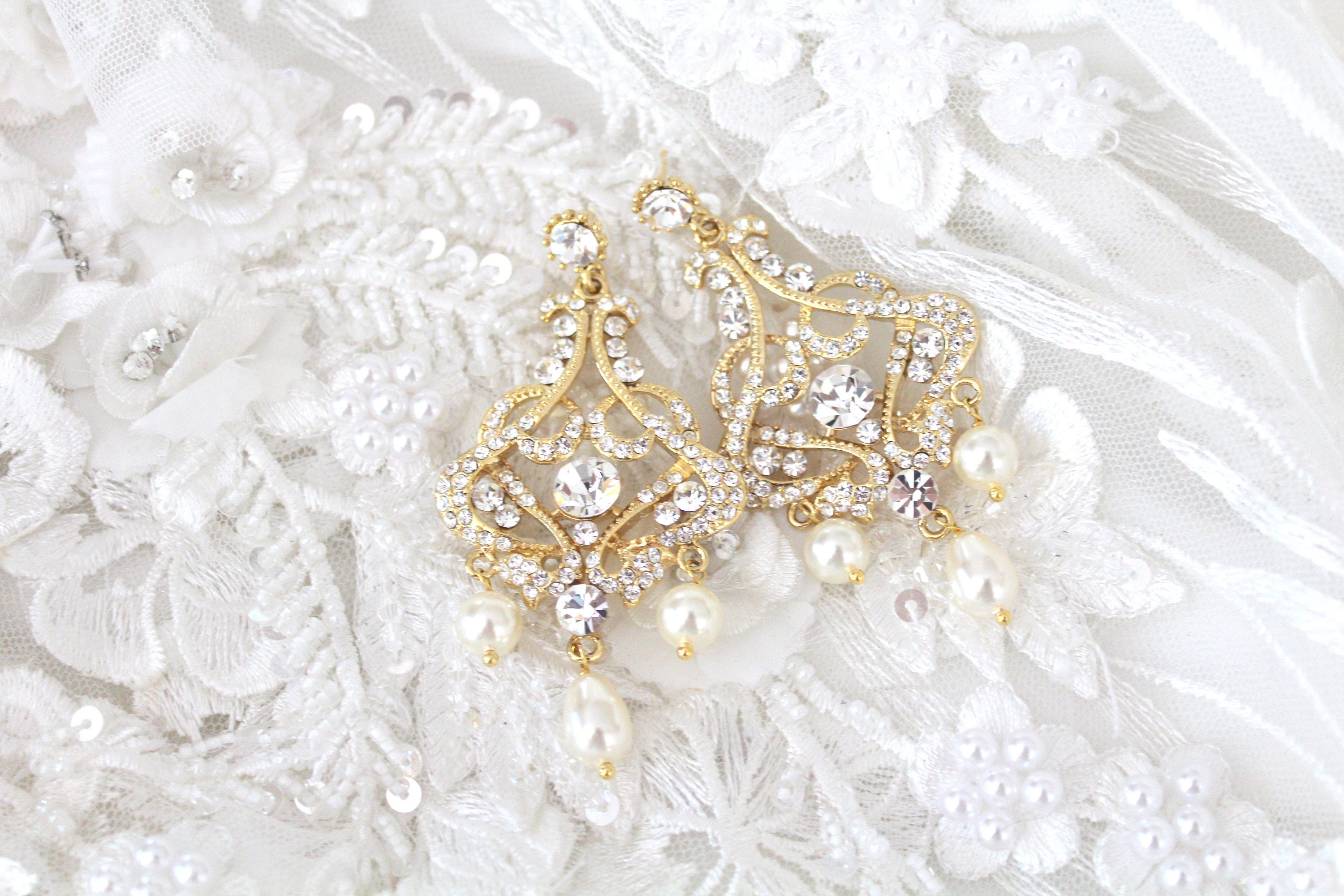 Gold chandelier earrings Bridal earrings Crystal Wedding Etsy