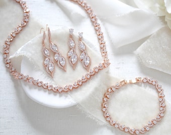 Rose gold Wedding necklace, Rose gold tennis necklace, Bridal jewelry set, Rose gold wedding jewelry set, Rose gold Necklace set, CZ jewelry