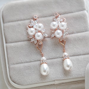 Rose Gold Bridal earrings Pearl Drop Wedding earrings Long earrings Bridal jewelry CZ earrings Dangle earrings Bridesmaid earrings MIA