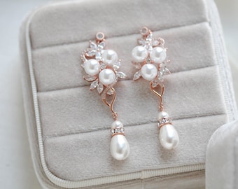 Rose Gold Bridal earrings Pearl Drop Wedding earrings Long earrings Bridal jewelry CZ earrings Dangle earrings Bridesmaid earrings MIA