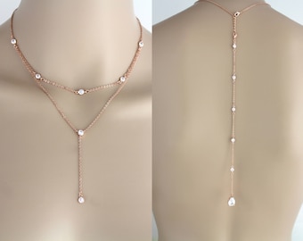 Backdrop necklace Rose gold necklace Bridal jewelry Back necklace Bridal necklace Choker necklace Lariat necklace Layering necklace