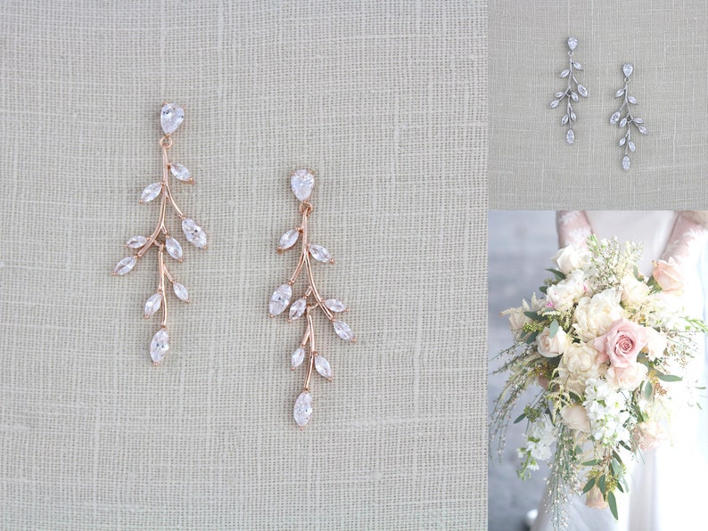 Rose gold and silver vine earrings with Cubic zirconia stones