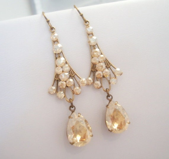 Crystal Bridal Earrings Antique Gold Chandelier Image 0