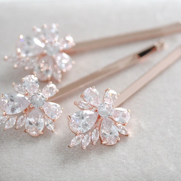 Rose gold Bridal hair pins, Floral hair pin, Cubic zirconia hair pins, Wedding hair pins, Silver hair pins, Crystal hair pins, Hair comb