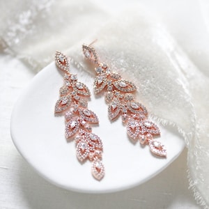 Rose gold Bridal earrings, Bridal jewelry, Long leaf Wedding earrings, CZ Chandelier earrings, Rose gold Wedding jewelry, Crystal earrings